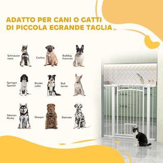 Reja de Seguridad para Perros de Interior, Reja para Perros con 2 Extensiones 76-104 Cm y Puerta para Gatos, Cancel de Perros Animales Domésticos Alto 106 Cm, para Pasillo y Escaleras, Blanco