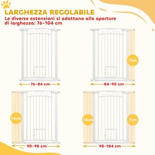 Reja de Seguridad para Perros de Interior, Reja para Perros con 2 Extensiones 76-104 Cm y Puerta para Gatos, Cancel de Perros Animales Domésticos Alto 106 Cm, para Pasillo y Escaleras, Blanco