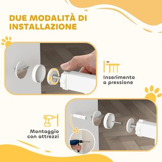 Reja de Seguridad para Perros de Interior, Reja para Perros con 2 Extensiones 76-104 Cm y Puerta para Gatos, Cancel de Perros Animales Domésticos Alto 106 Cm, para Pasillo y Escaleras, Blanco