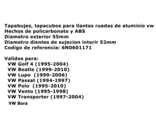 Vw Golf Mk4 Tapabujes 55mm Centro de Llantas Rueda