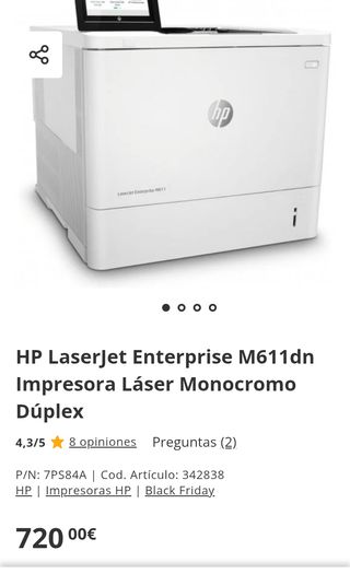 Impresora HP LaserJet M611dn 7PS84A A4 Monocromo LAN
