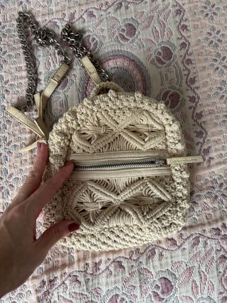 Bolso Zara Macramé Beige y Plateado