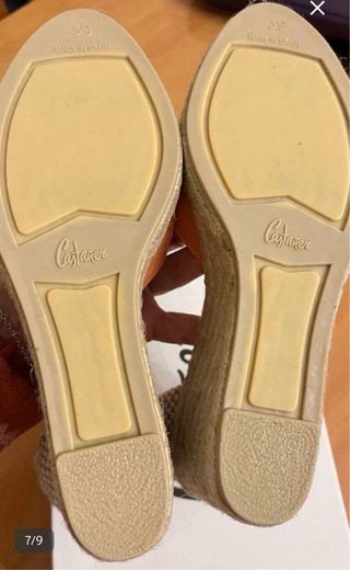 Sandalias Castañer cuña naranja y beige