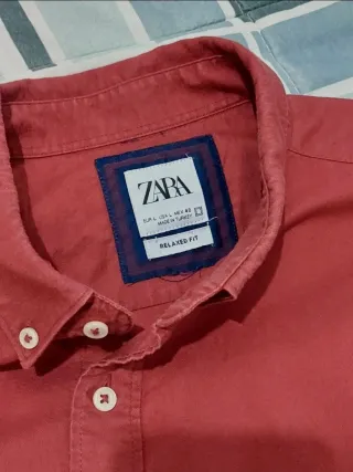 Camicia uomo Zara L Rosso Cotone a maniche lunghe