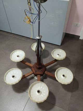 Lampadario Vintage Mid-Century Legno Vetro