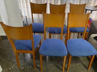Juego 6 sillas madera y tela azul