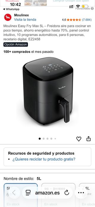 Freidora Aire Moulinex 5L Casi Nueva