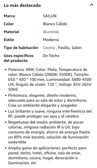 Lámpara Techo LED SAILUN 48W Blanco Cálido