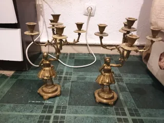 Pareja Candelabros Bronce Macizo Antiguos