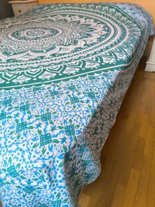 Colcha India Mandala Algodón Teal y Blanco