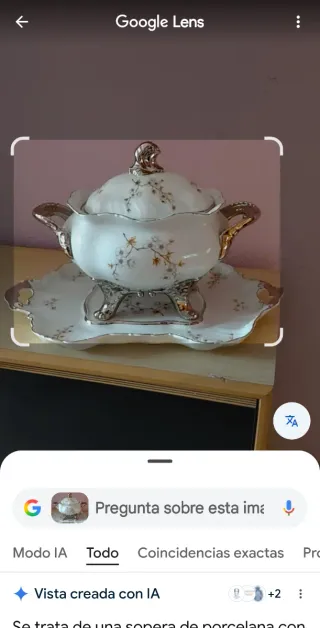 Sopera de porcelana con detalles de  filo de plata