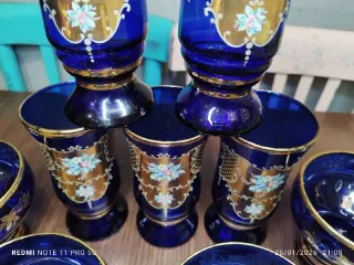 5 Vasos y 4 Copas Cristal Azul Cobalto y Dorado