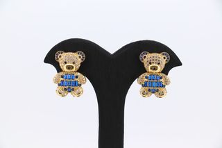 PENDIENTES OSO CON CIRCONITAS AZUL. Oro 18k.