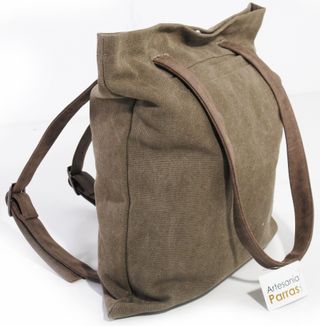 Bolso-Mochila Lona Marrón Correas Piel