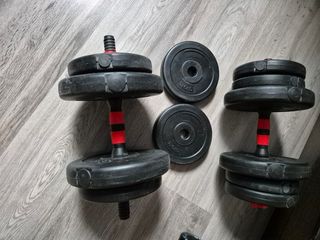 Banco de musculación + pesas + mancuernas