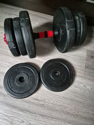Banco de musculación + pesas + mancuernas