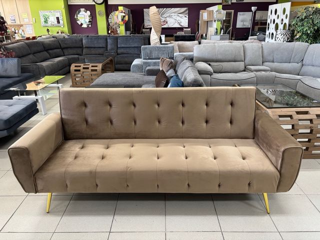 Sofá Cama Terciopelo Beige Patas Doradas