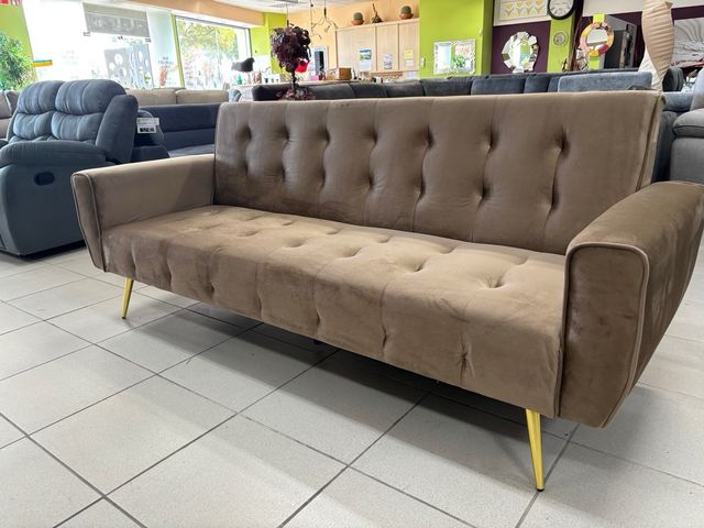 Sofá Cama Terciopelo Beige Patas Doradas