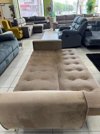 Sofá Cama Terciopelo Beige Patas Doradas