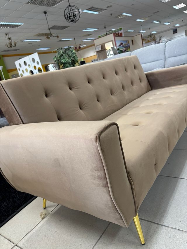 Sofá Cama Terciopelo Beige Patas Doradas