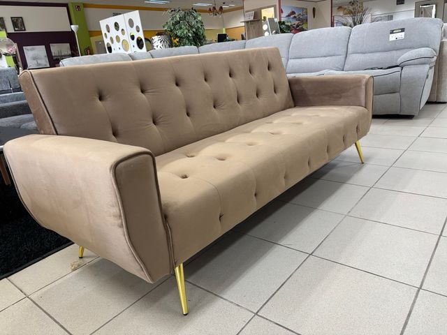 Sofá Cama Terciopelo Beige Patas Doradas