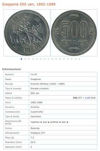 Moneta 500 Yen Giappone 1982 Hirohito