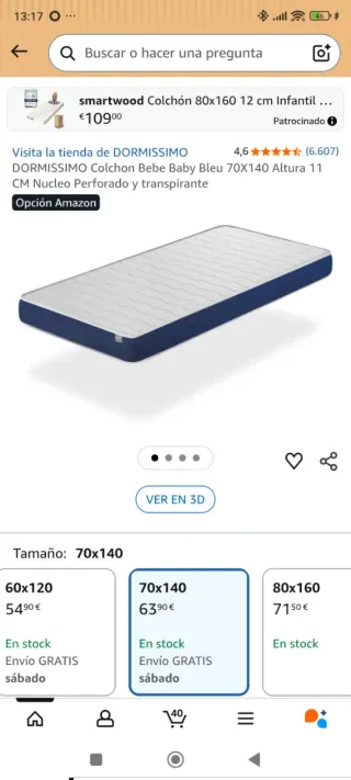 Cama individual blanca 70cm y colchón