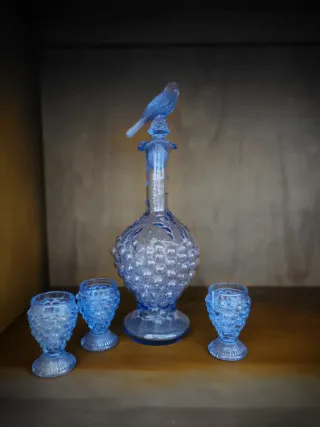 Juego Licorera y Copas Azul Vintage