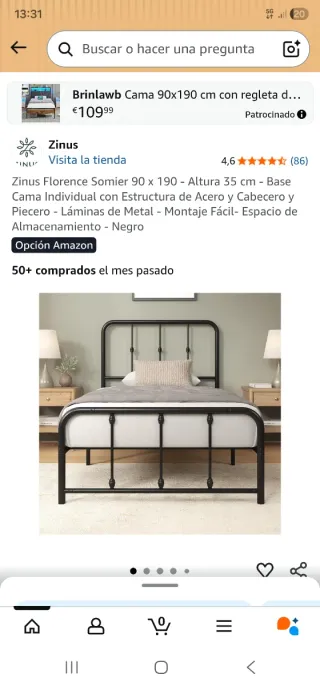 Cama Zinus 90x190 con cabecero metálico