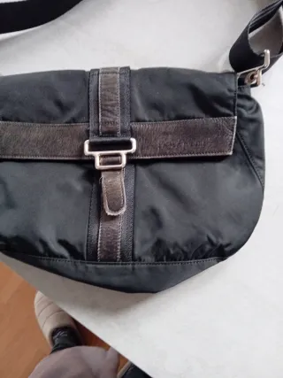 Bolso loneta y cuero negro/marrón