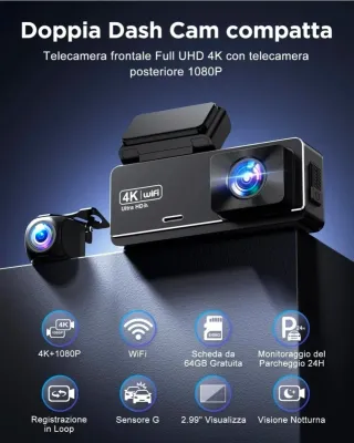 Dash Cam Auto 4K+1080P WiFi Telecamera per Auto
