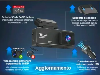 Dash Cam Auto 4K+1080P WiFi Telecamera per Auto