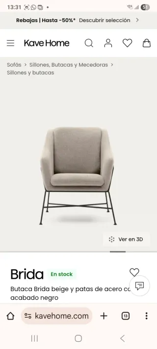 Butaca Brida Kave Home gris con patas acero negro.