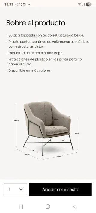 Butaca Brida Kave Home gris con patas acero negro.