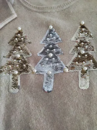 Jersey Navideño Árboles Lentejuelas Perlas Beige