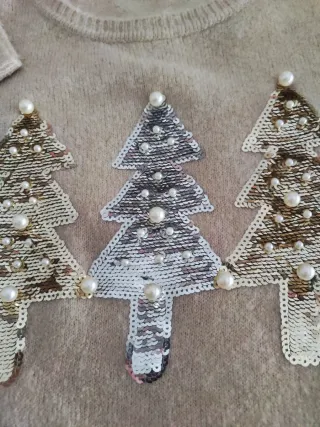 Jersey Navideño Árboles Lentejuelas Perlas Beige