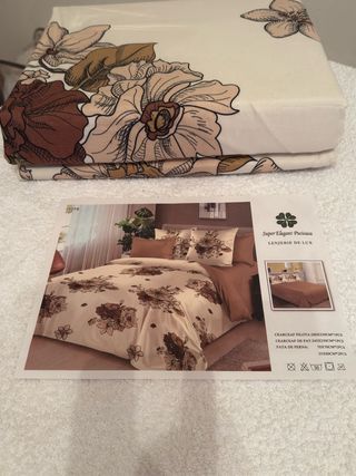 Juego de sábanas floral beige y marrón,100%algodon