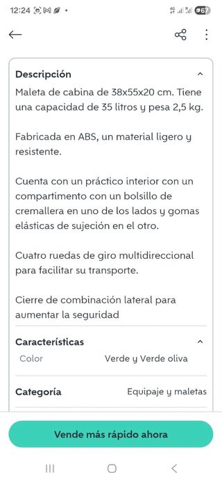 Maleta verde militar con ruedas. 38x55x20