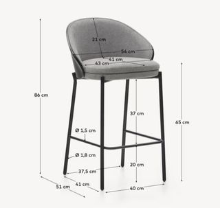 Taburete Eamy de chenilla gris claro chapado en fresno acabado negro y metal negro 65 cm