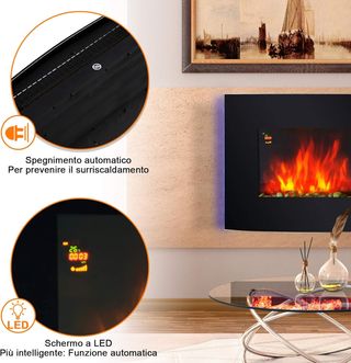 Chimenea Eléctrica de Pared 1000/2000W Efecto Llama 7 Colores y Luces LED Laterales, Chimenea Eléctrica con Temperatura Regulable, Mando a Distancia, Termostato, Temporizador, Protección contra So...