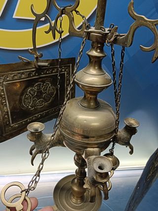 Antiguo velón, de bronce, 94x30x25 cm. Completo. CANDIL QUINQUE LAMPARA DE ACEITE