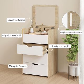 Estación de Maquillaje 3 en 1 Con Espejo Plegable, Taburete Oculto, Tocador Con Taburete Tapizado con Ruedas, 3 Cajones, Superficie de Vidrio Transparente, Compartimento, Ahorra Espacio, Blanco y ...