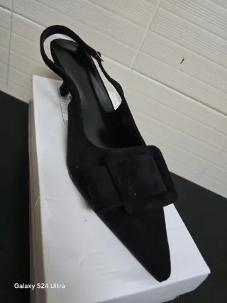 Sandalias Negras Tacón Slingback Hebilla