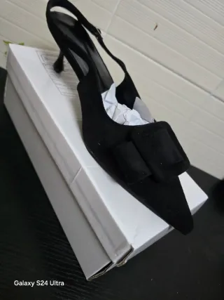 Sandalias Negras Tacón Slingback Hebilla