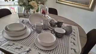 Vajilla cerámica corazón gris y blanco