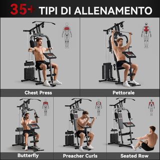 Torre de Potencia con Asiento y Respaldo Acolchados Pesas de 65 Kg, Estación de Fitness con Press de Pecho, Butterfly, Curl de Piernas, Discos y Barra para Dominadas y Fondos, para Home Gym Casa, ...