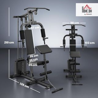 Torre de Potencia con Asiento y Respaldo Acolchados Pesas de 65 Kg, Estación de Fitness con Press de Pecho, Butterfly, Curl de Piernas, Discos y Barra para Dominadas y Fondos, para Home Gym Casa, ...
