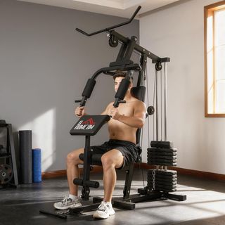 Torre de Potencia con Asiento y Respaldo Acolchados Pesas de 65 Kg, Estación de Fitness con Press de Pecho, Butterfly, Curl de Piernas, Discos y Barra para Dominadas y Fondos, para Home Gym Casa, ...