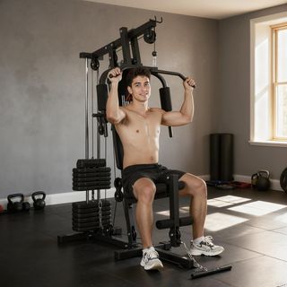 Torre de Potencia con Asiento y Respaldo Acolchados Pesas de 65 Kg, Estación de Fitness con Press de Pecho, Butterfly, Curl de Piernas, Discos y Barra para Dominadas y Fondos, para Home Gym Casa, ...