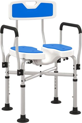 Silla de Ducha Con Respaldo, Apoyabrazos, Asiento Estriado Y Barras De Refuerzo, Taburete De Ducha Con Altura Regulable, Orificios Para Agua Y Patas Antideslizantes Para Ancianos Y Discapacitados,...
